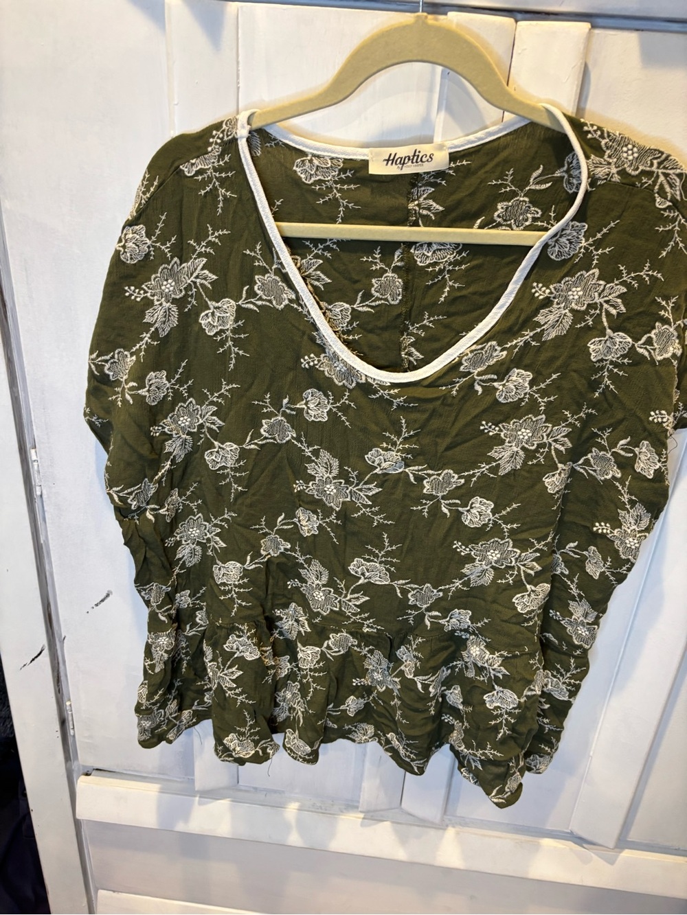 Haptics Olive Green Floral Scoop Neck Women's Blouse